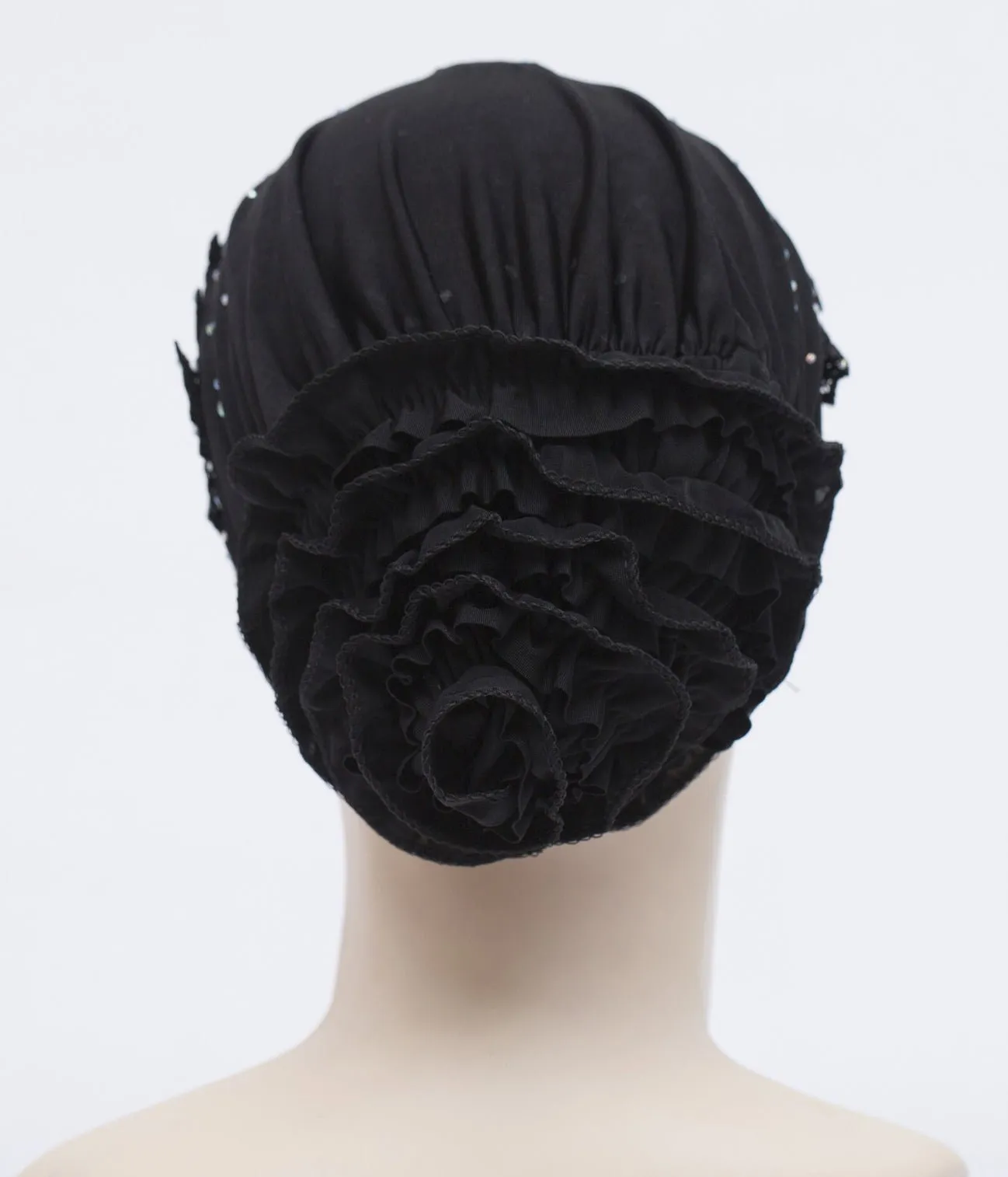 Hijab UnderCaps Elegant Ruffles, Lace & Rhinestone Snood Beanie