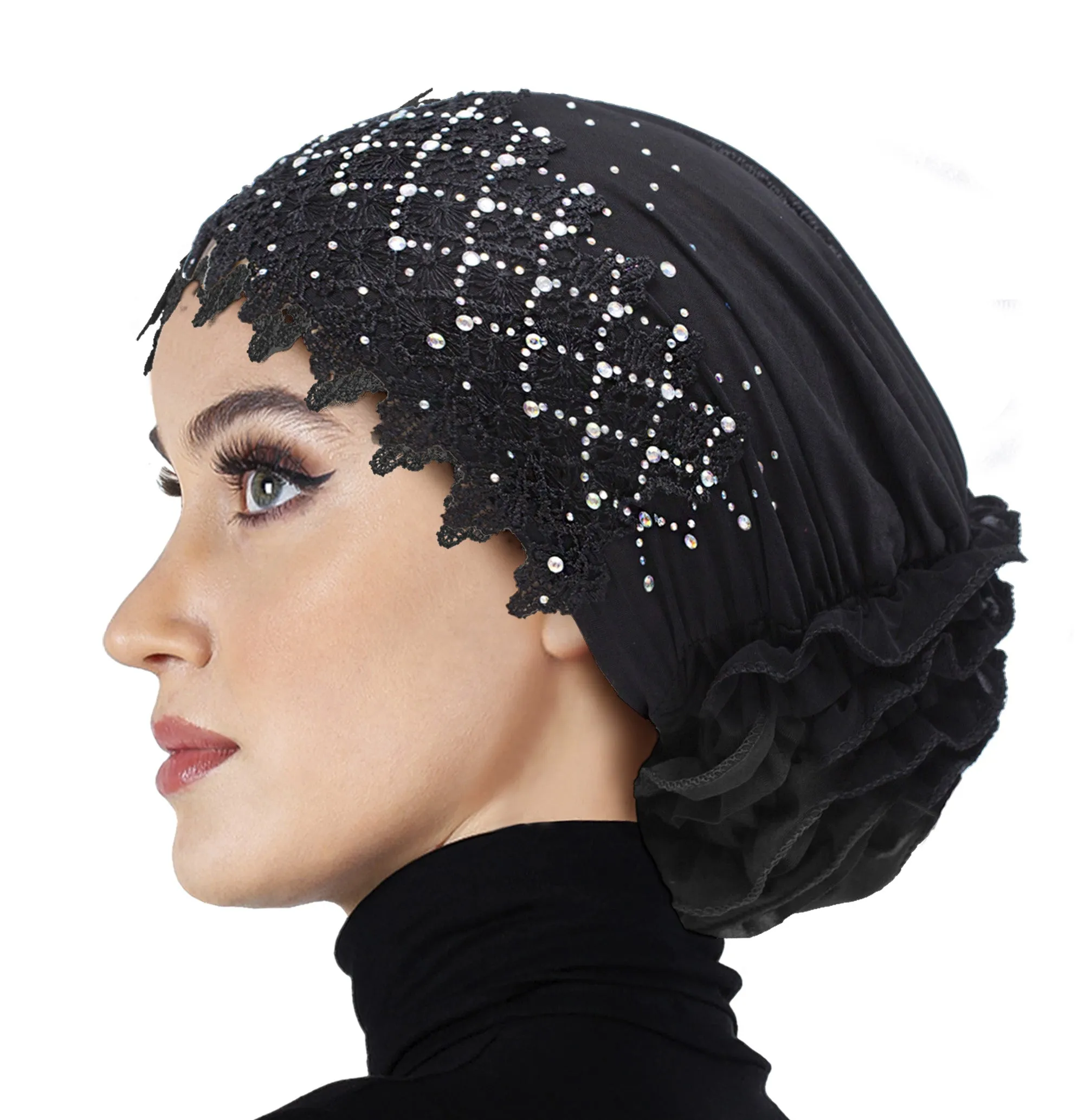 Hijab UnderCaps Elegant Ruffles, Lace & Rhinestone Snood Beanie