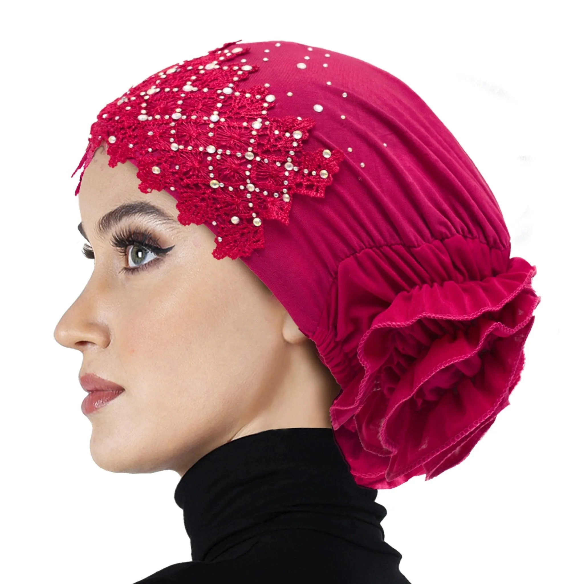 Hijab UnderCaps Elegant Ruffles, Lace & Rhinestone Snood Beanie