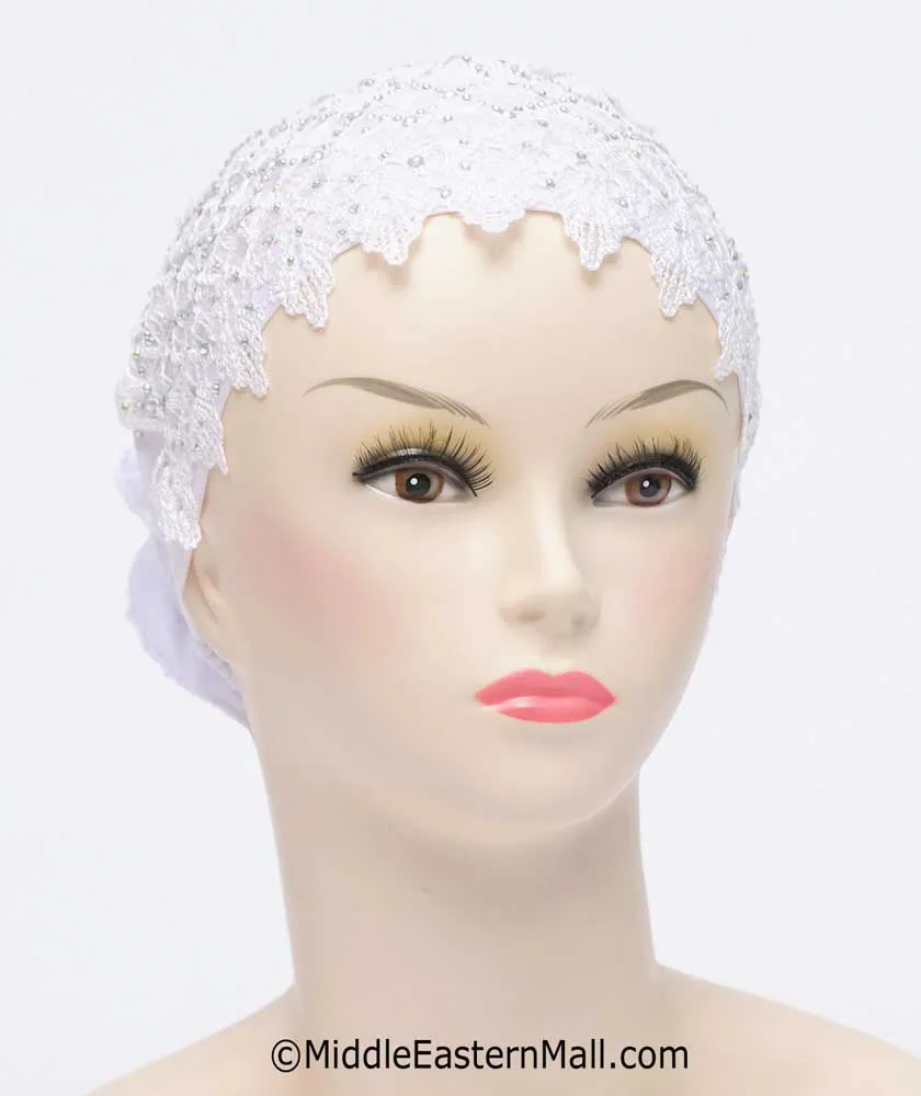 Hijab UnderCaps Elegant Ruffles, Lace & Rhinestone Snood Beanie