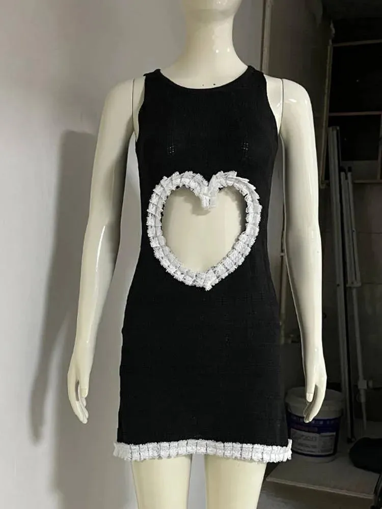 Hollow Out Knit Y2K Fashion Black White Bodycon Mini Dress for Summer Holiday Party