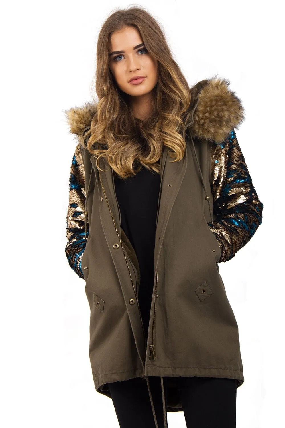 Hooded Two Sided Colour Change Sequin Arms Faux Fur Trim Fleece Parka Jacket Coat