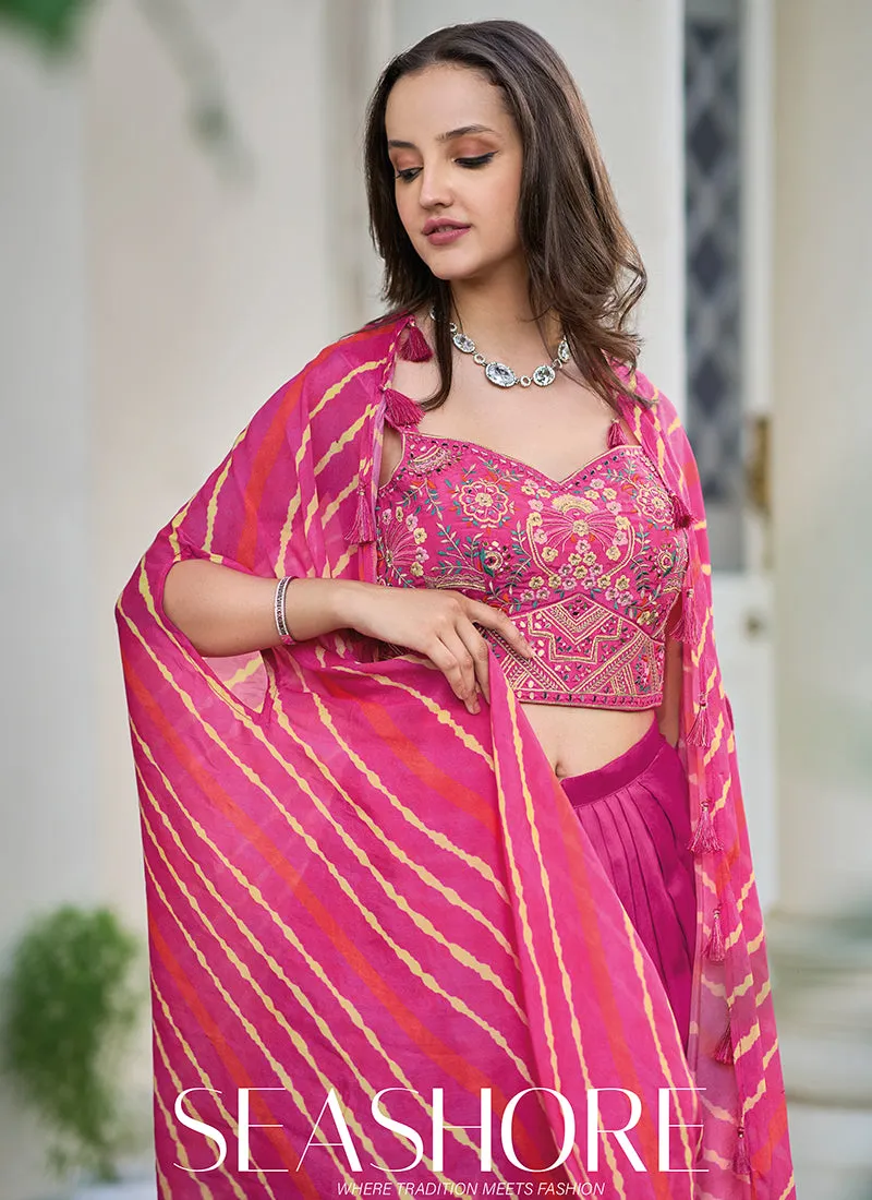 Hot Pink Multi Embroidered Cape Style Co-Ord Dhoti Set