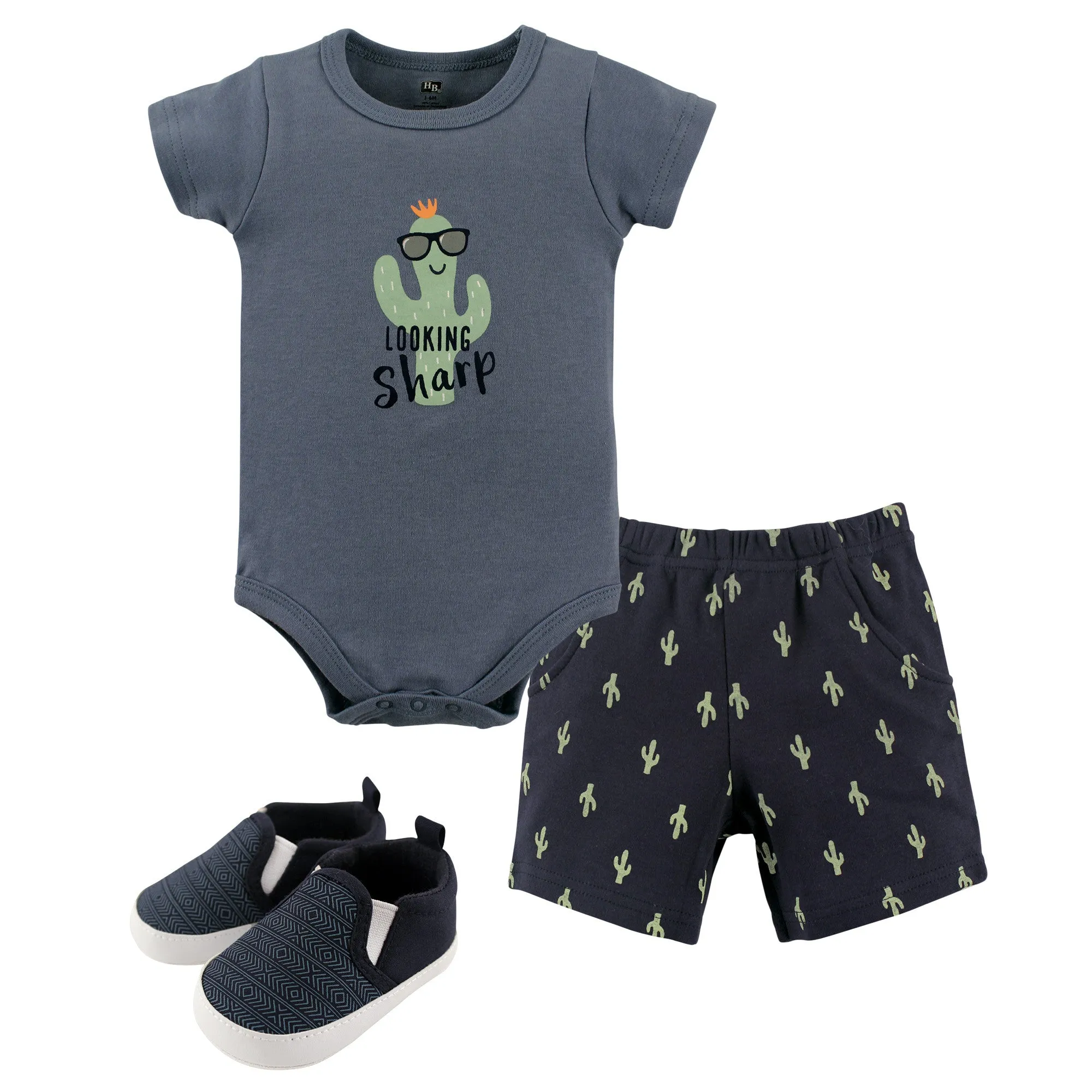 Hudson Baby Cotton Bodysuit, Shorts and Shoe Set, Cactus