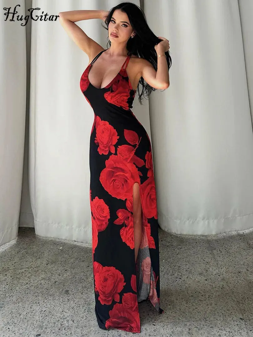 Hugcitar 2024 Elegant Square Collar Straps Floral Print Backless Slit Sexy Slim Maxi Dress Women Clothes Beach Party Festival