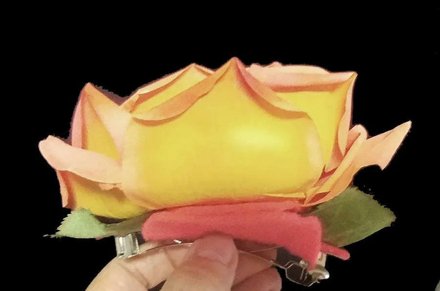 *HUGE PEACH & YELLOW RIO SAMBA ARTIFICIAL ROSE - DRESS OR HAT ACCESSORY OR HAIR CLIP