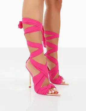 Huni Pink Chiffon Ribbon Tie Up Gold Stiletto Heels