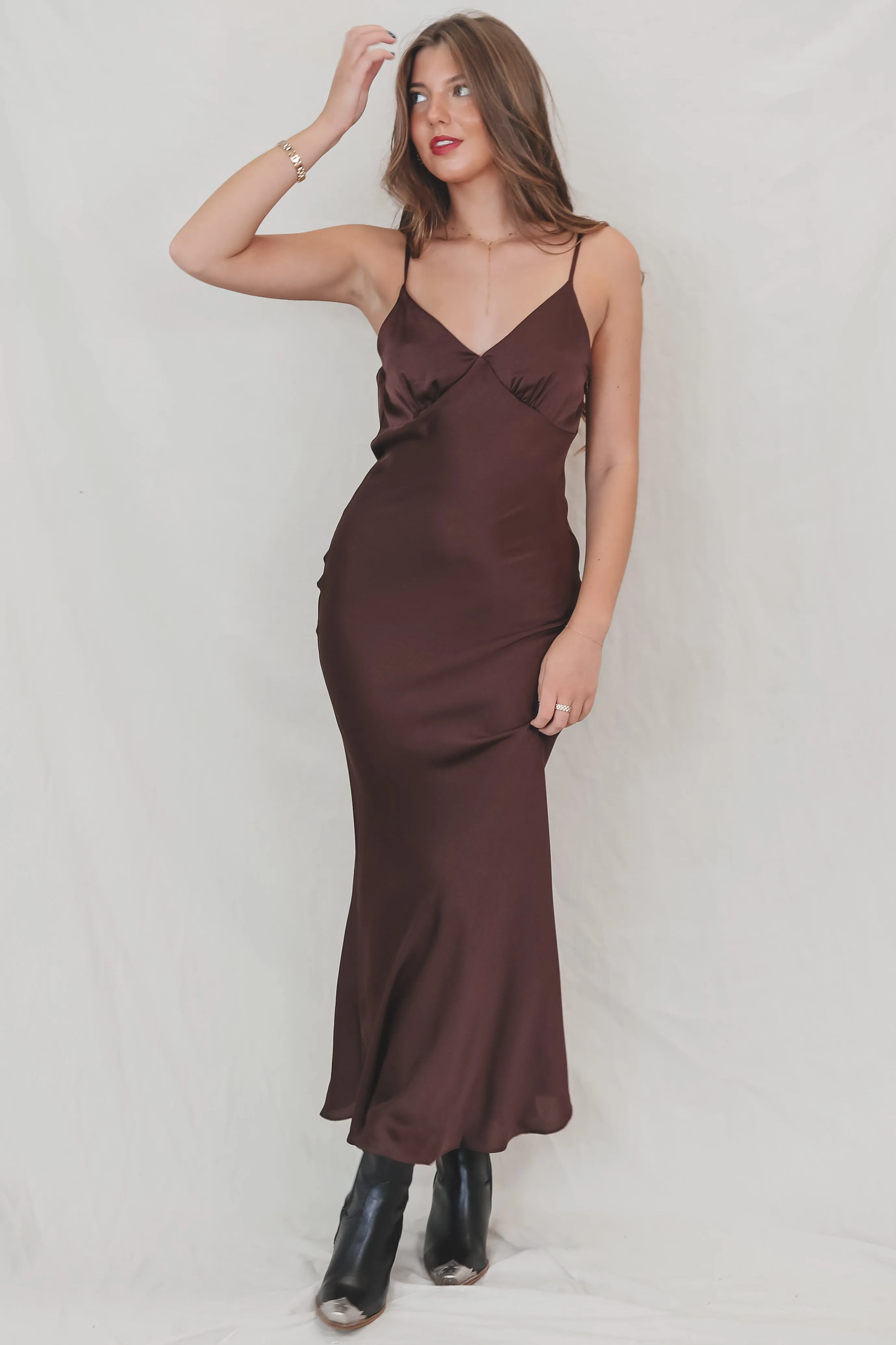 It's A Date Brown Satin Maxi Dress