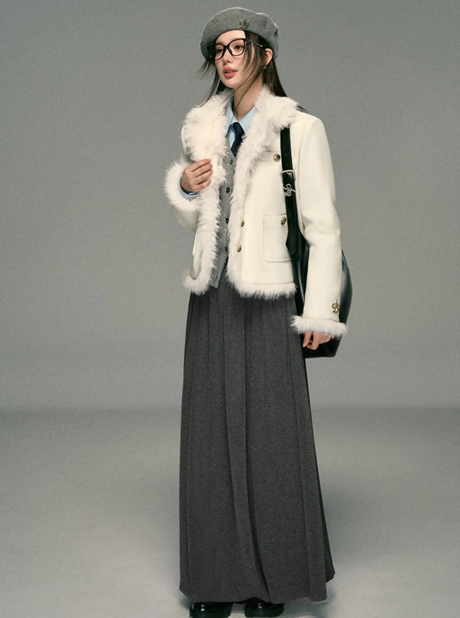 Ivory Boucle Jacket: Faux Fur Trim Cropped Coat with Gold Buttons