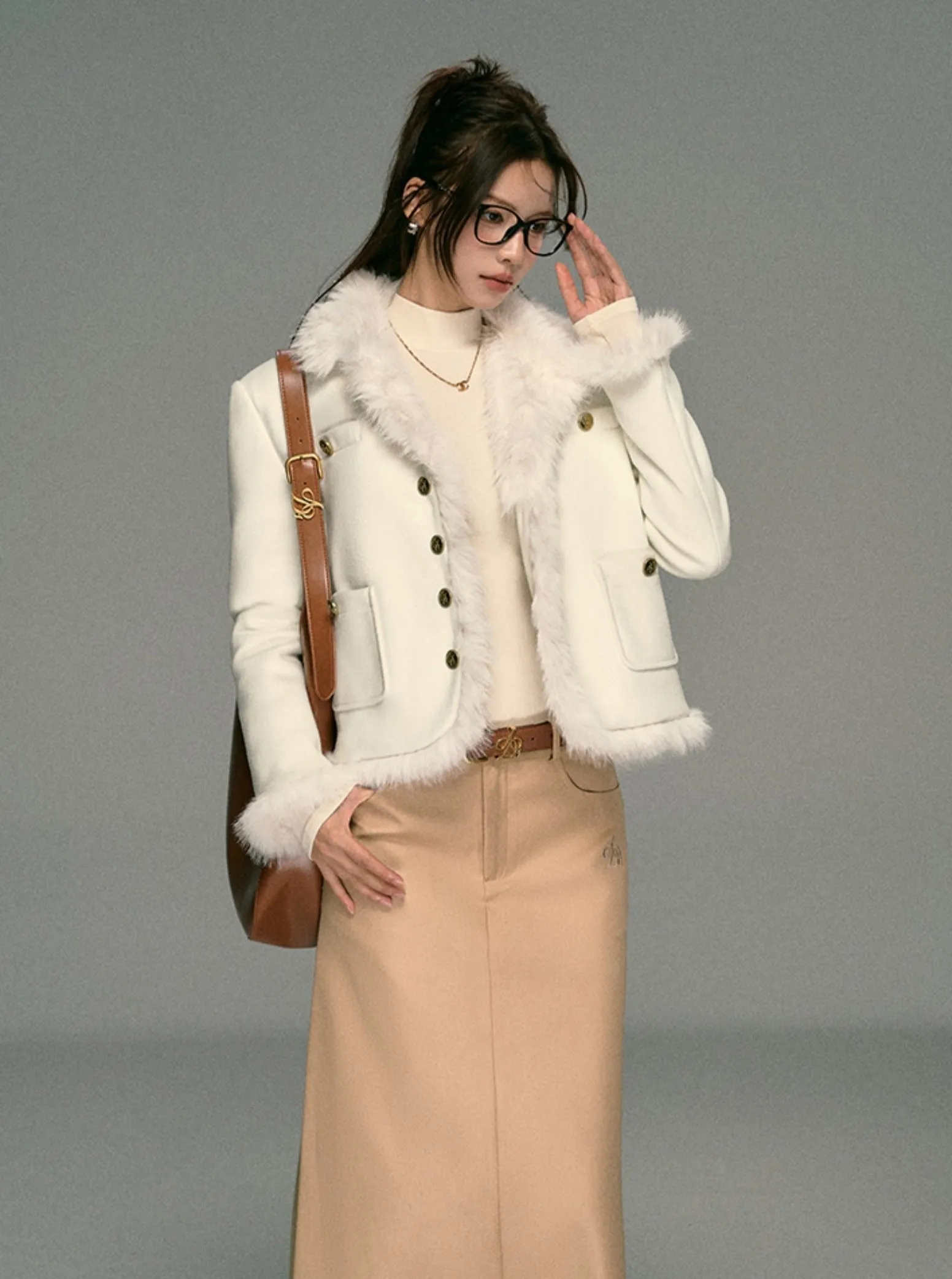 Ivory Boucle Jacket: Faux Fur Trim Cropped Coat with Gold Buttons