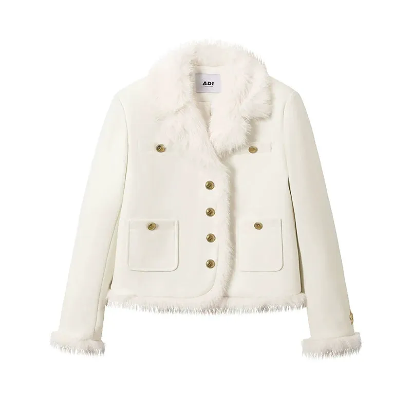 Ivory Boucle Jacket: Faux Fur Trim Cropped Coat with Gold Buttons