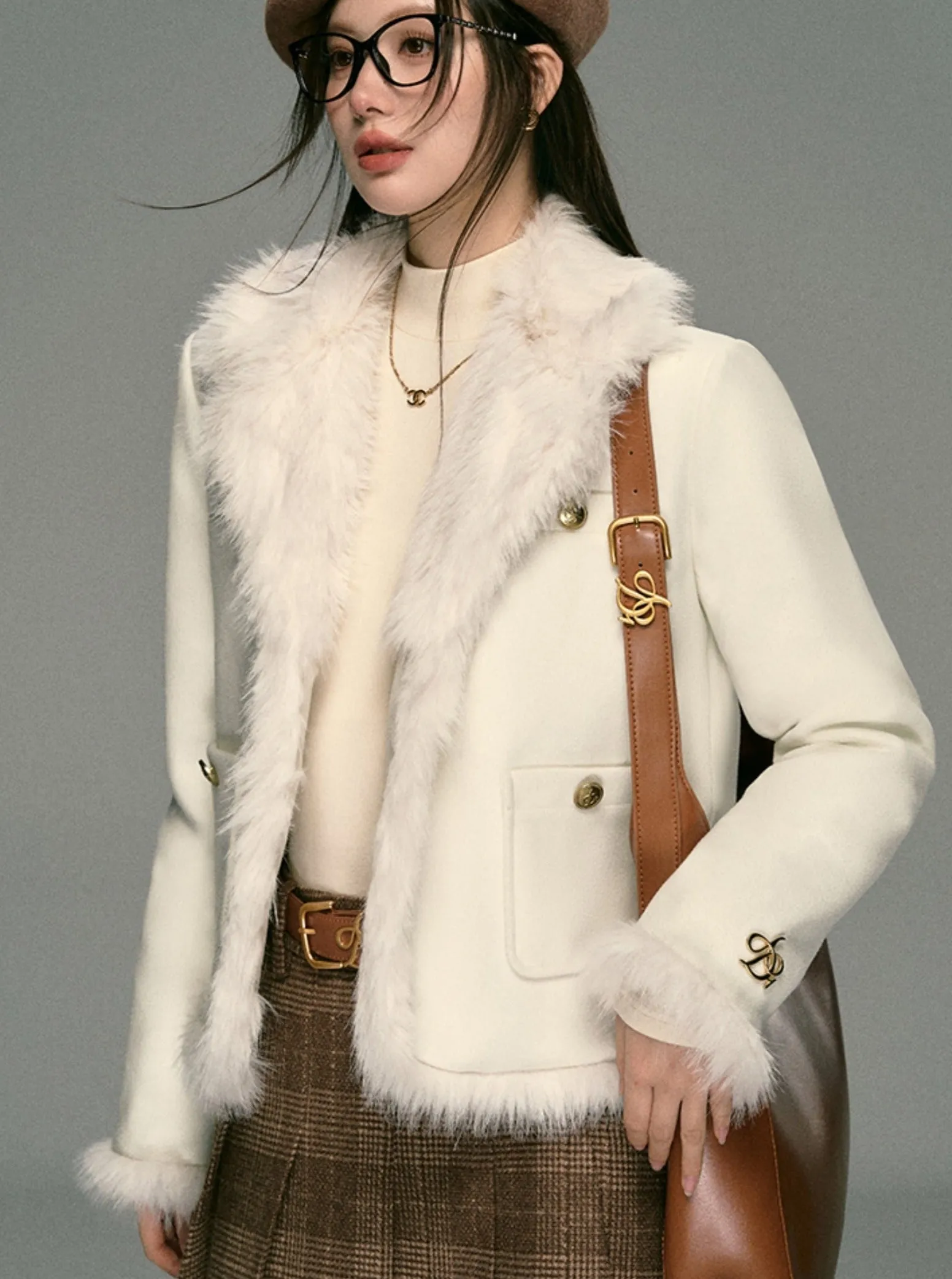 Ivory Boucle Jacket: Faux Fur Trim Cropped Coat with Gold Buttons