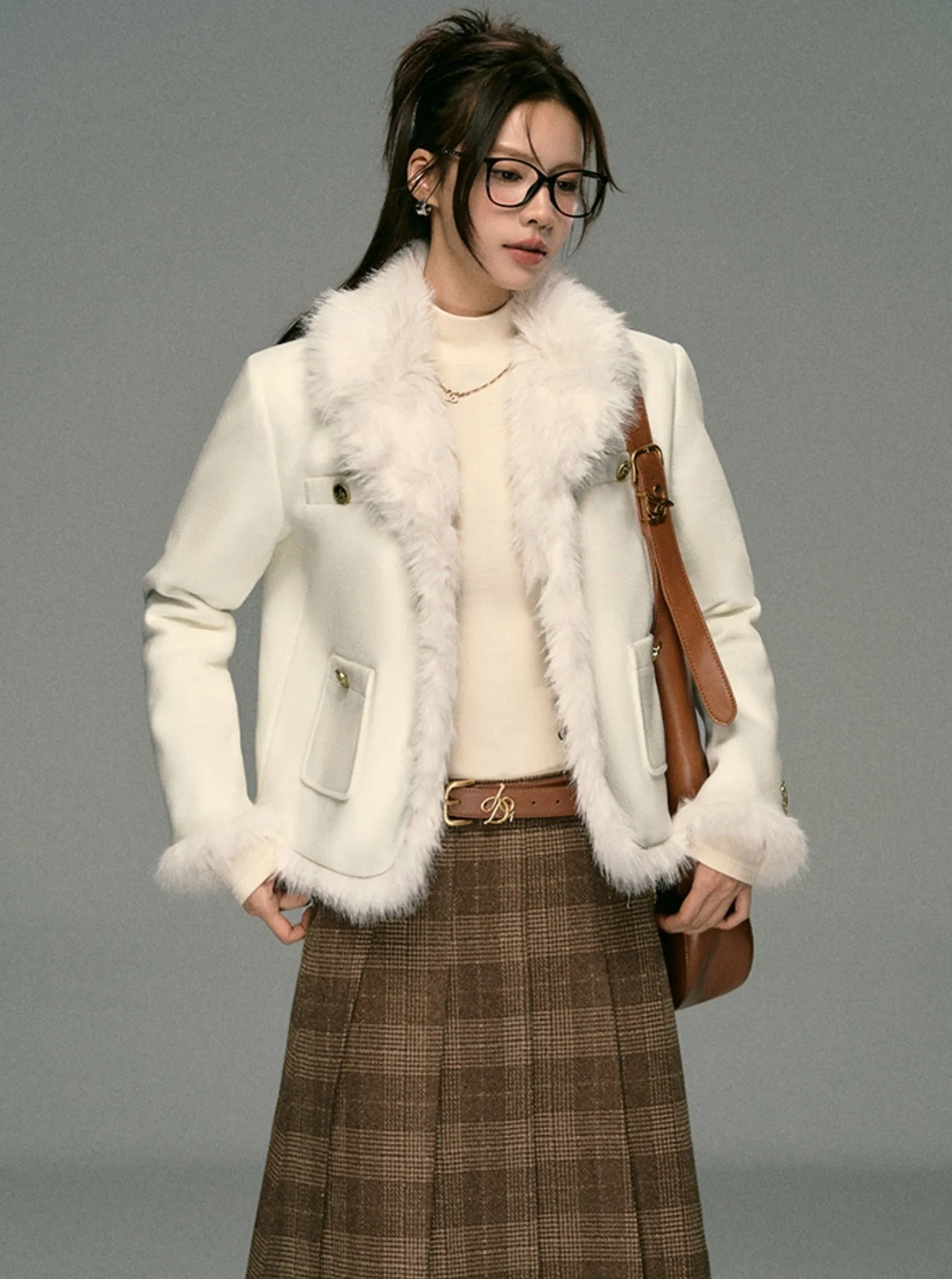 Ivory Boucle Jacket: Faux Fur Trim Cropped Coat with Gold Buttons