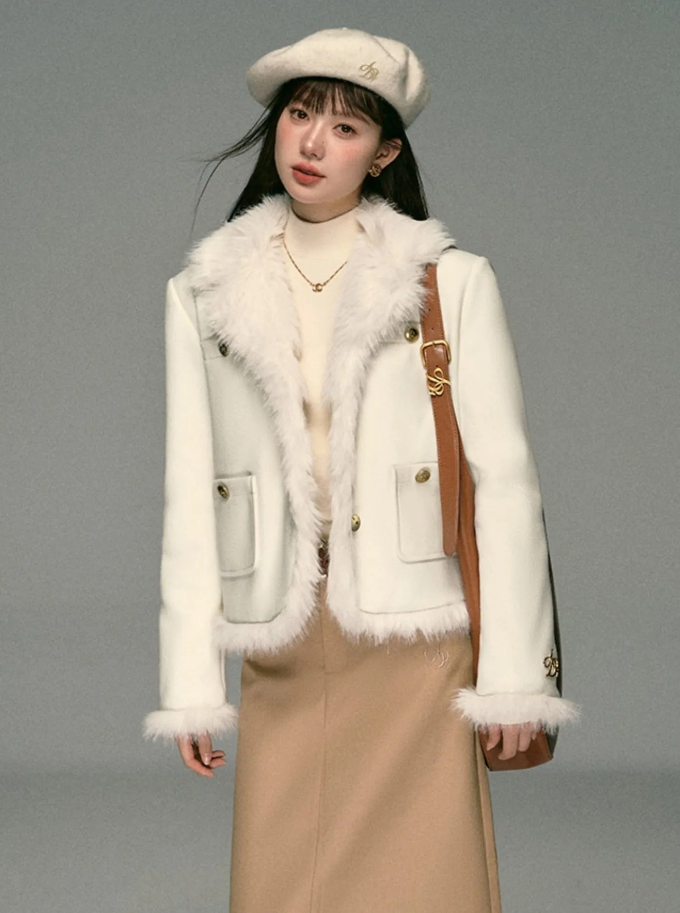 Ivory Boucle Jacket: Faux Fur Trim Cropped Coat with Gold Buttons