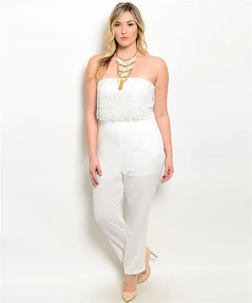 Ivory Strapless Plus Size Jumpsuit with Lace Bodice