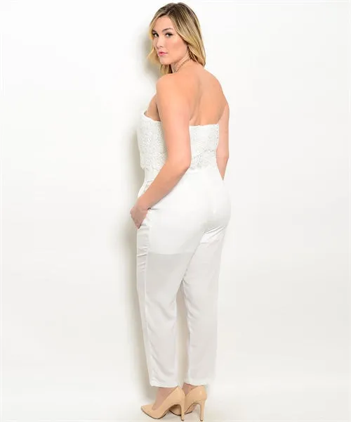 Ivory Strapless Plus Size Jumpsuit with Lace Bodice