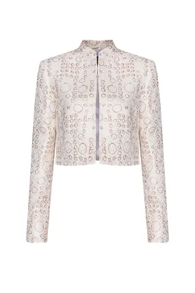 Ivory/Coffee Printed Short Jacket in Silk/Wool Matelassé - Hermione