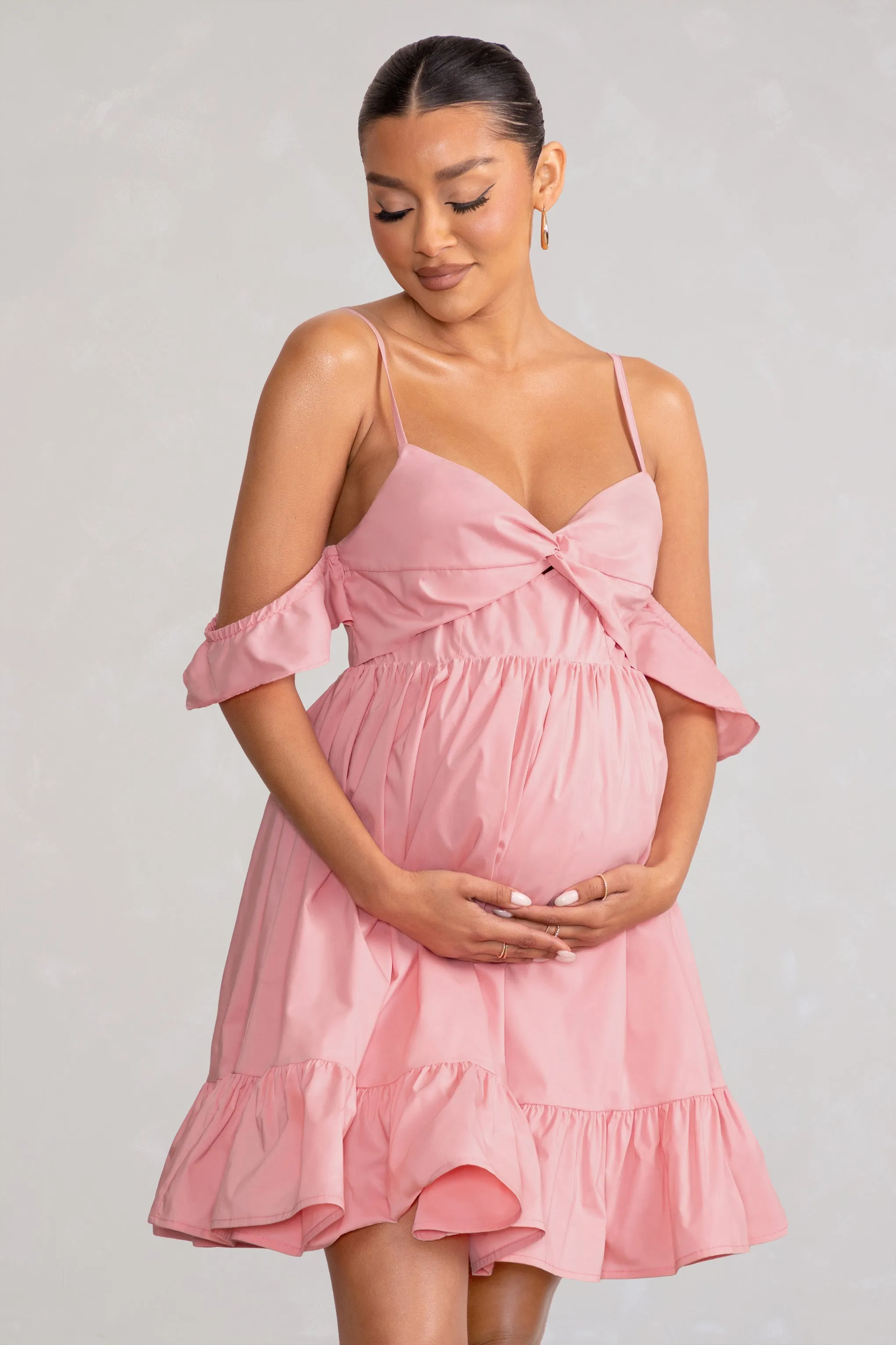 Kai | Blush Cami Babydoll Maternity Mini Dress With Ruffle Cold Shoulder Sleeves