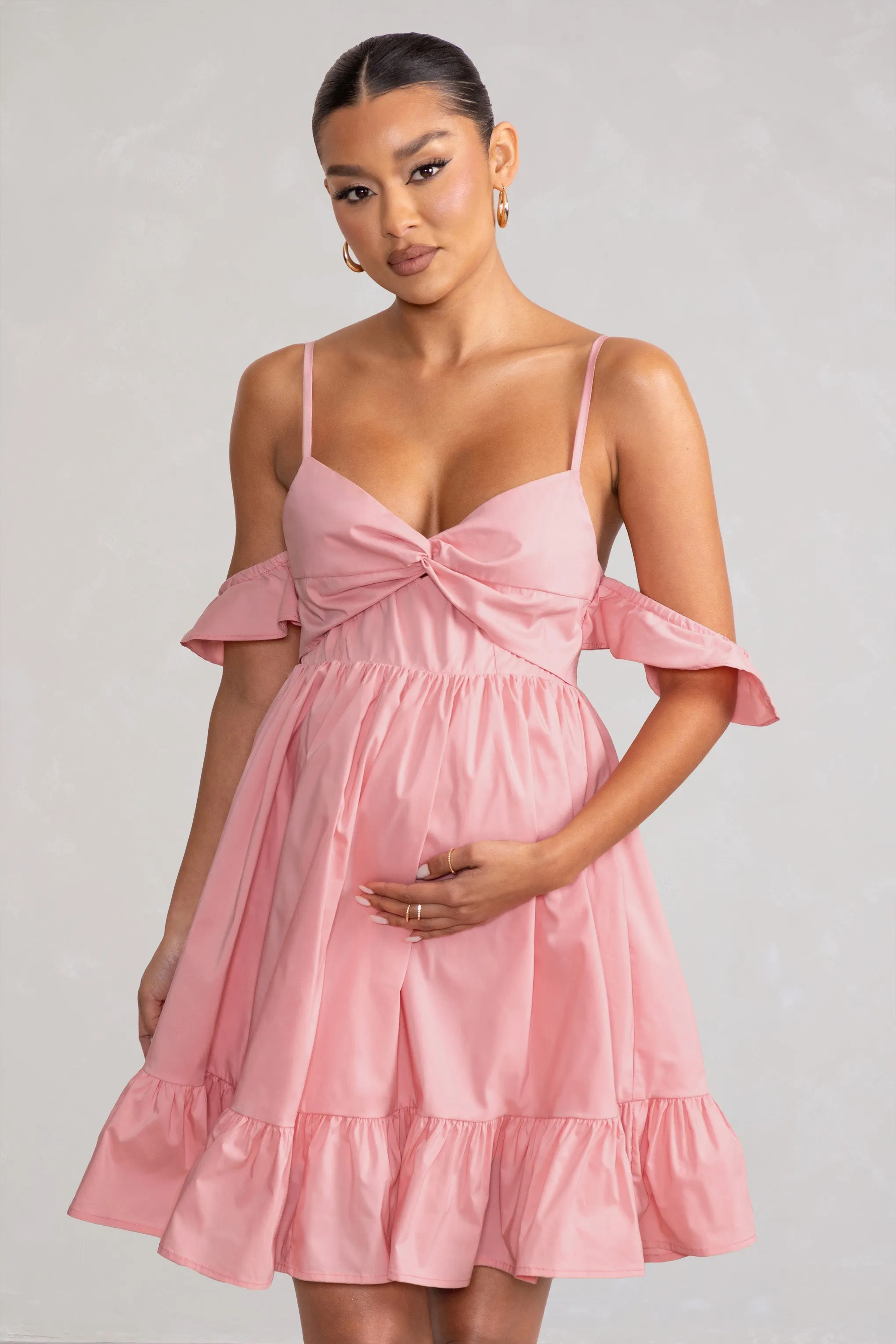 Kai | Blush Cami Babydoll Maternity Mini Dress With Ruffle Cold Shoulder Sleeves