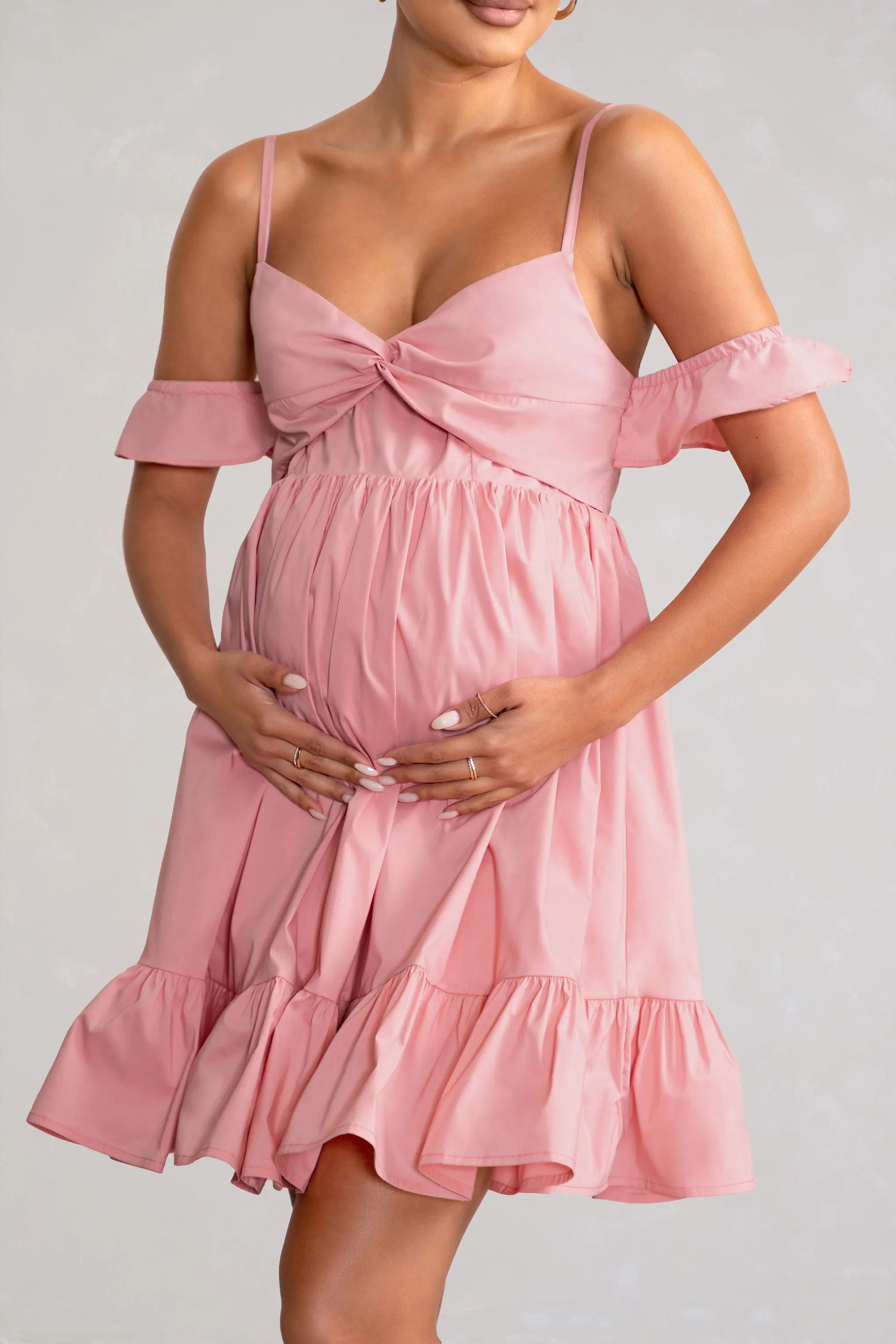 Kai | Blush Cami Babydoll Maternity Mini Dress With Ruffle Cold Shoulder Sleeves