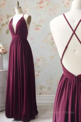 kamahe Burgundy chiffon long prom dress, burgundy evening dress