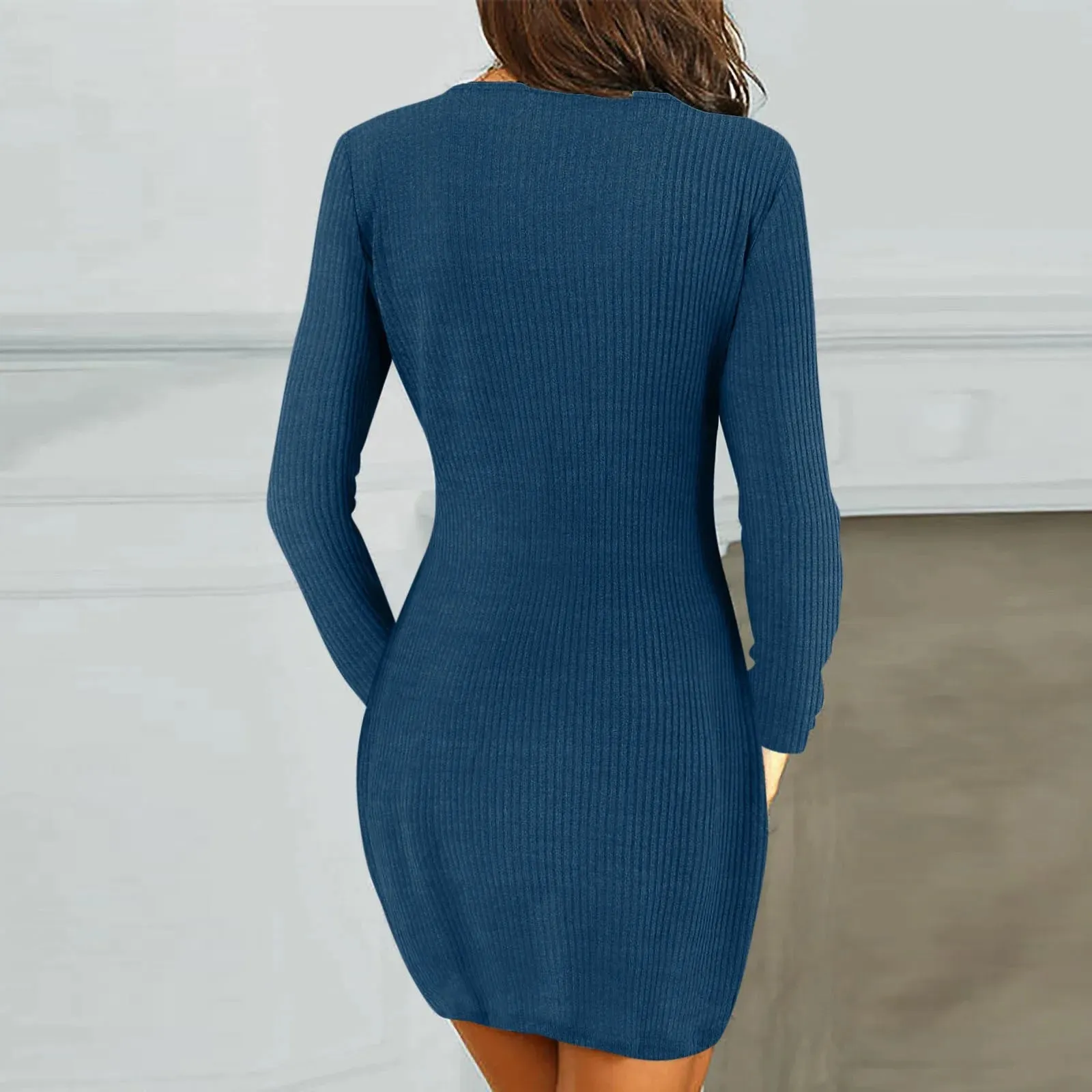 Knit Bodycon Mini Autumn/Winter Long Sleeve V Neck Casual Elegant Dress