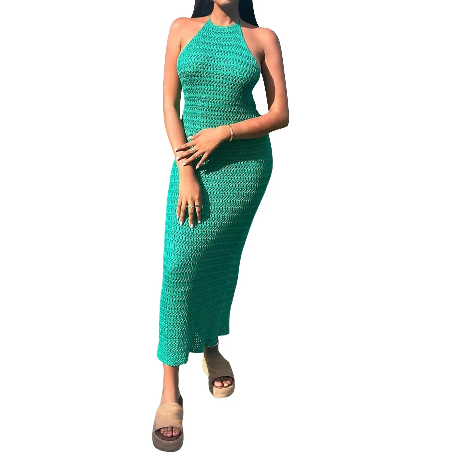 Knit Solid Color Sleeveless Halter Neck Slim Fit Ankle-Length Slim Party Wedding Casual Summer Dress