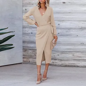 Korean Dongdaemun V Neck Long Sleeve Sweater Tie Waist Bodycon Knit Midi Dress