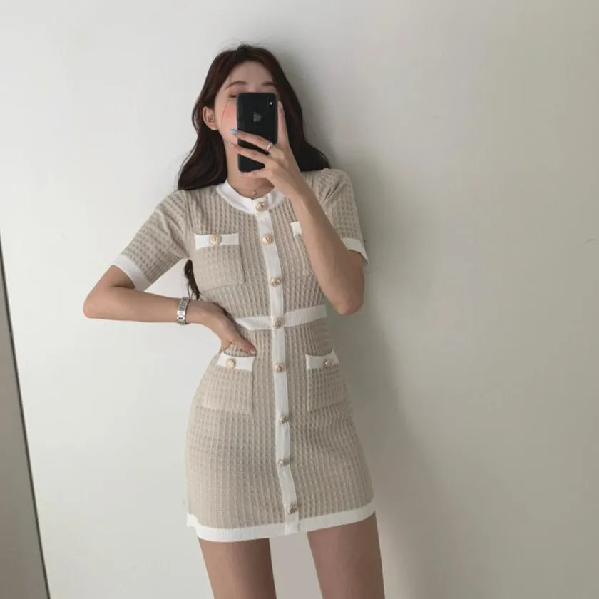 [Korean Style] Crew Neck Button-down Short Sleeve Knit Mini Dress