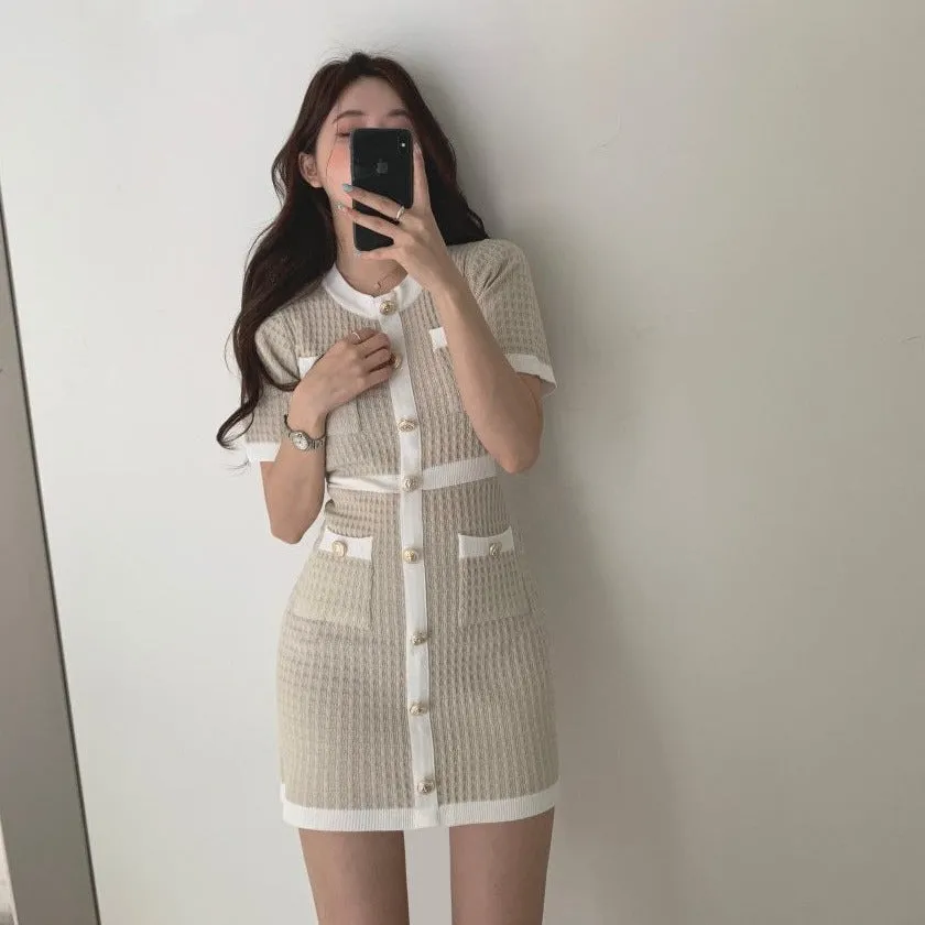 [Korean Style] Crew Neck Button-down Short Sleeve Knit Mini Dress