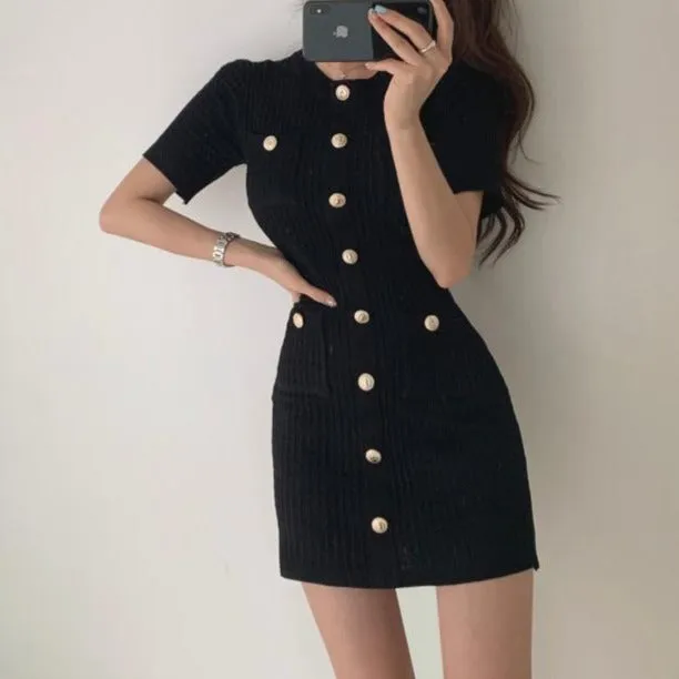 [Korean Style] Crew Neck Button-down Short Sleeve Knit Mini Dress