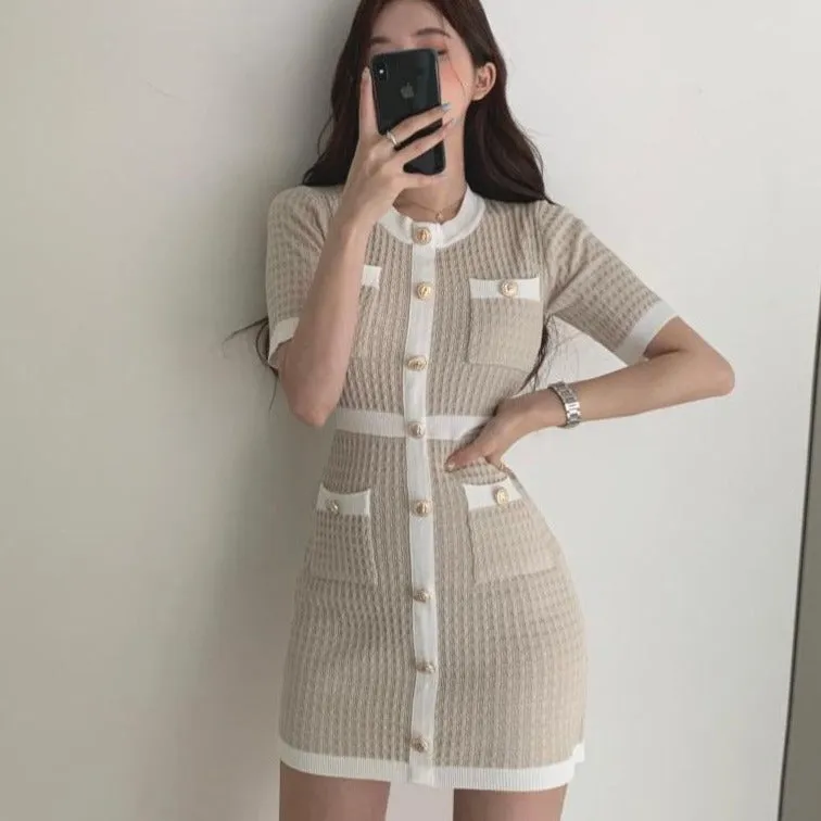 [Korean Style] Crew Neck Button-down Short Sleeve Knit Mini Dress