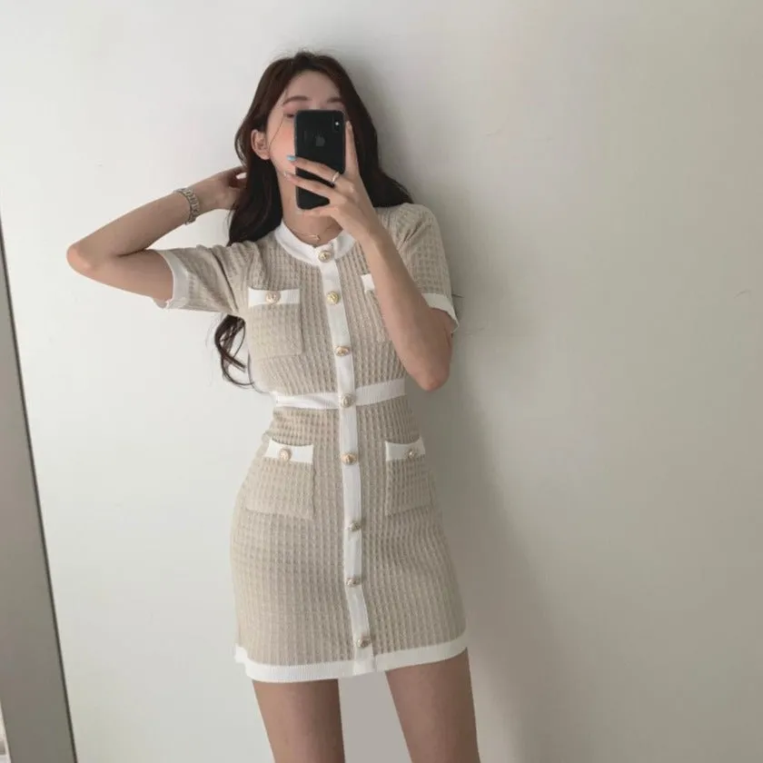 [Korean Style] Crew Neck Button-down Short Sleeve Knit Mini Dress