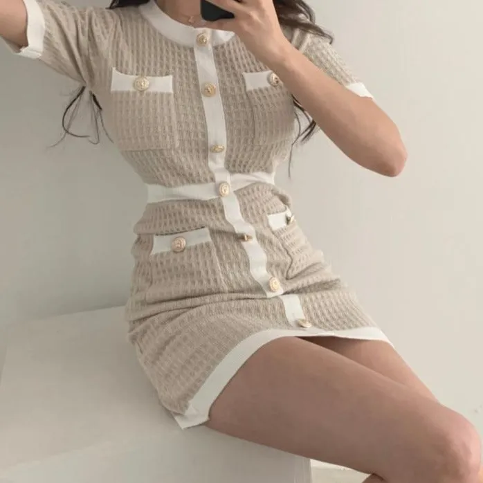 [Korean Style] Crew Neck Button-down Short Sleeve Knit Mini Dress