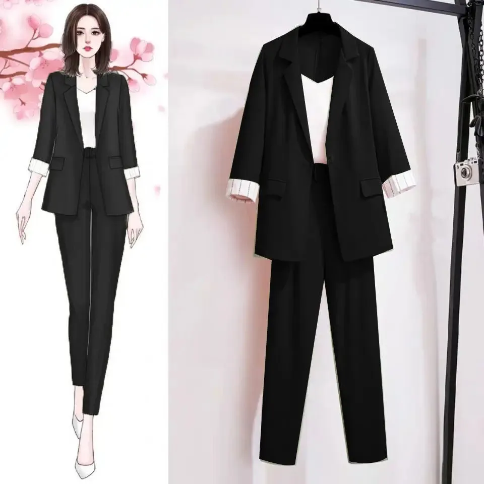 Korean Style Summer Thin Jacket Blazer Casual Wide Leg Pants Two-piece Elegant Women's Pants Set Office Business Suit Outfits