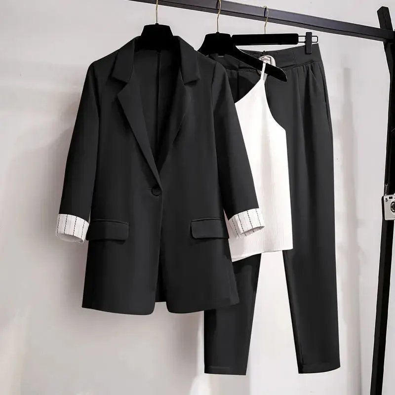 Korean Style Summer Thin Jacket Blazer Casual Wide Leg Pants Two-piece Elegant Women's Pants Set Office Business Suit Outfits