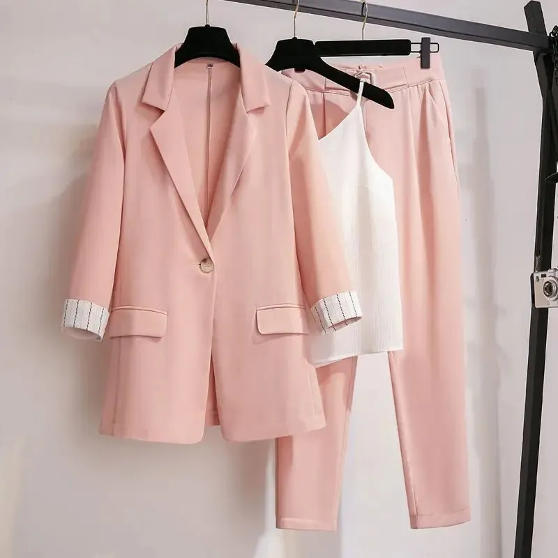 Korean Style Summer Thin Jacket Blazer Casual Wide Leg Pants Two-piece Elegant Women's Pants Set Office Business Suit Outfits