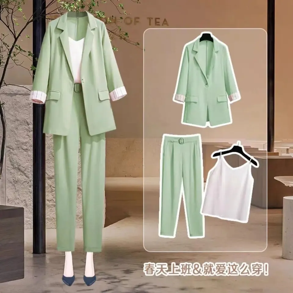 Korean Style Summer Thin Jacket Blazer Casual Wide Leg Pants Two-piece Elegant Women's Pants Set Office Business Suit Outfits