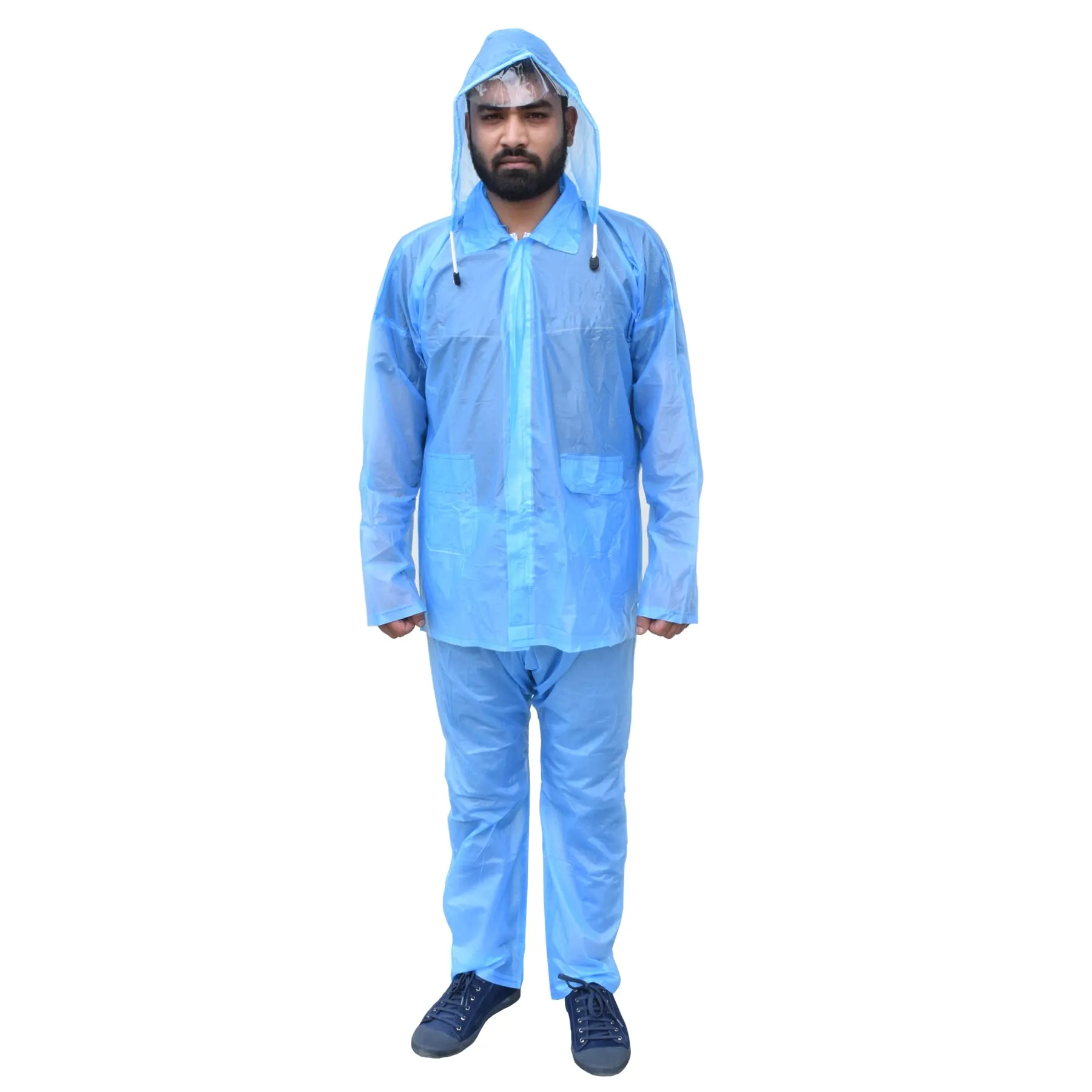 Kuber Industries PVC Raincoat With Adjustable Hood For Men & Women (Blue) XXL