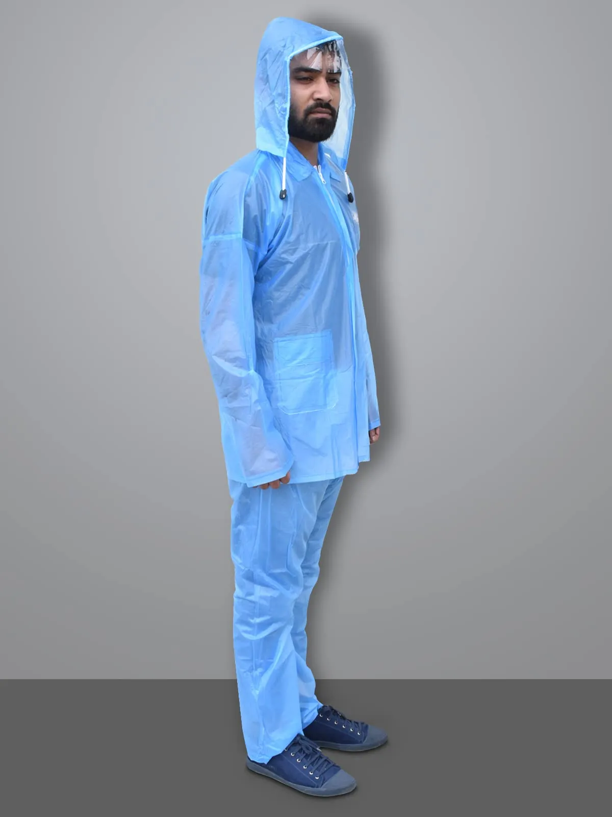 Kuber Industries PVC Raincoat With Adjustable Hood For Men & Women (Blue) XXL