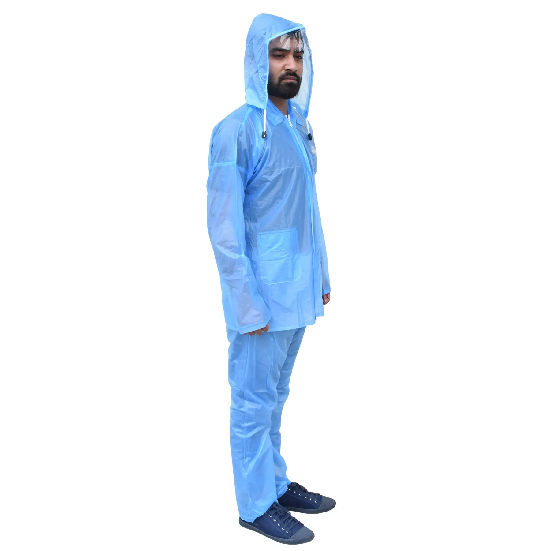 Kuber Industries PVC Raincoat With Adjustable Hood For Men & Women (Blue) XXL