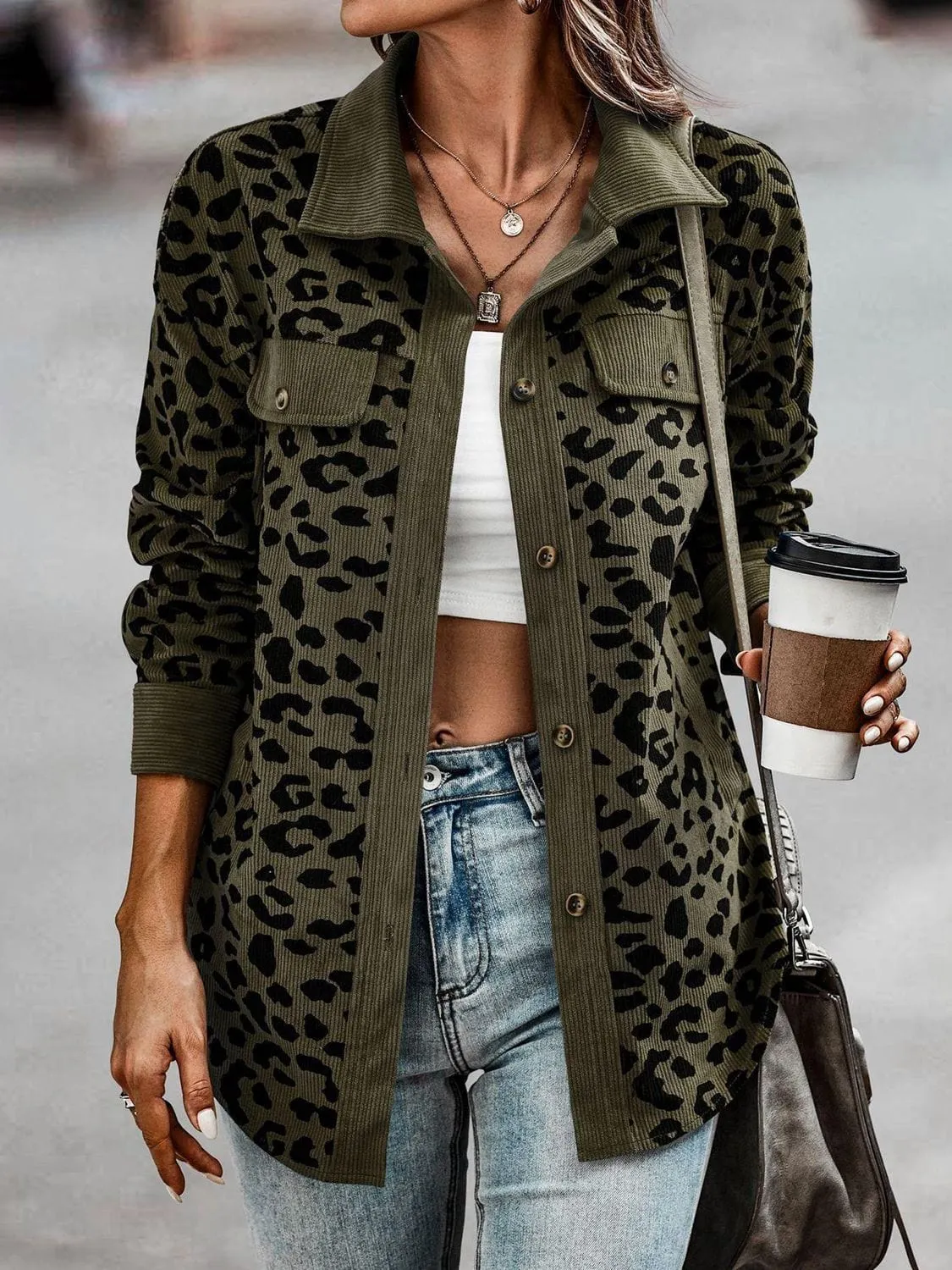 Lady's Leopard Print Buttoned Jacket