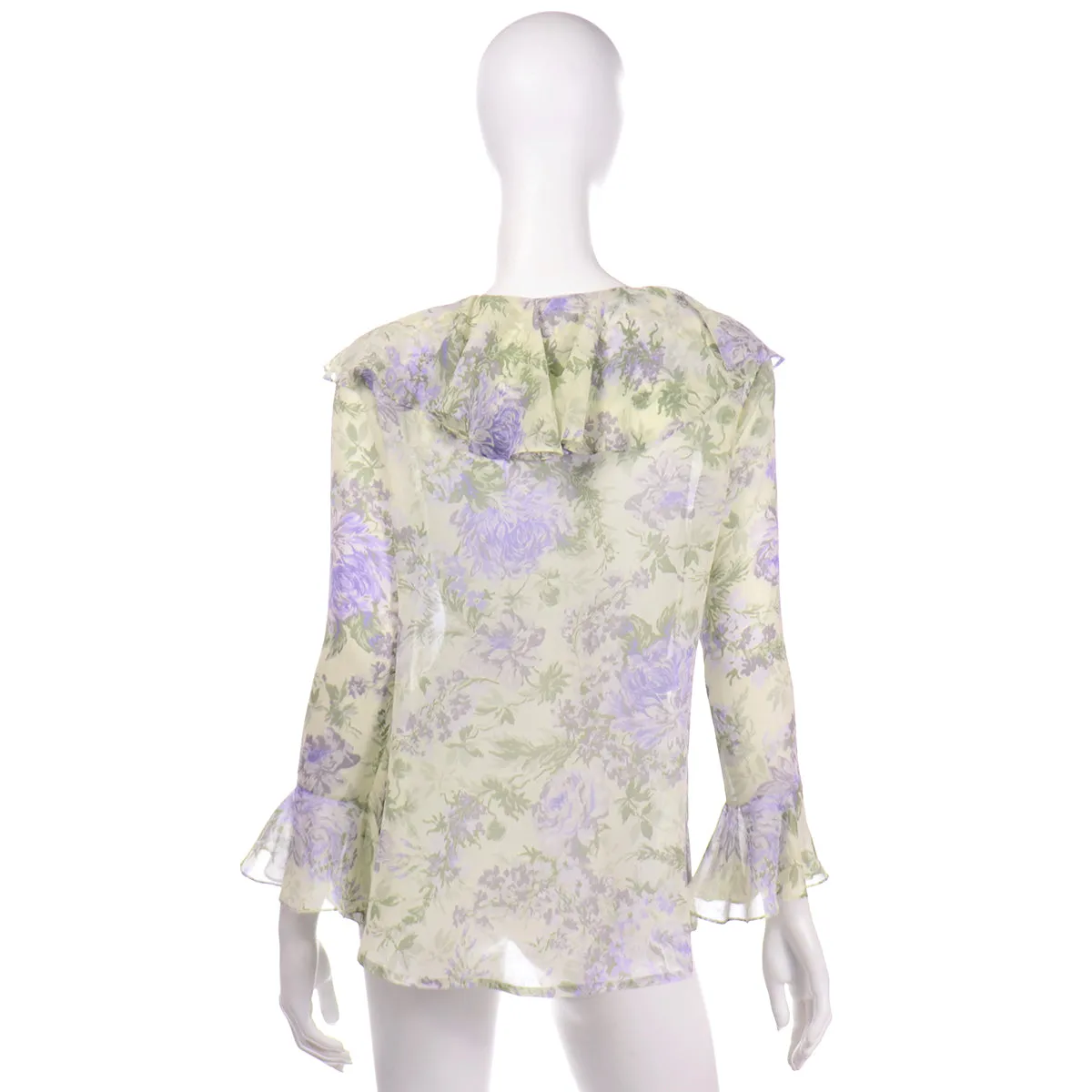 Laura Ashley Vintage Purple & Green Floral Chiffon Ruffled Blouse