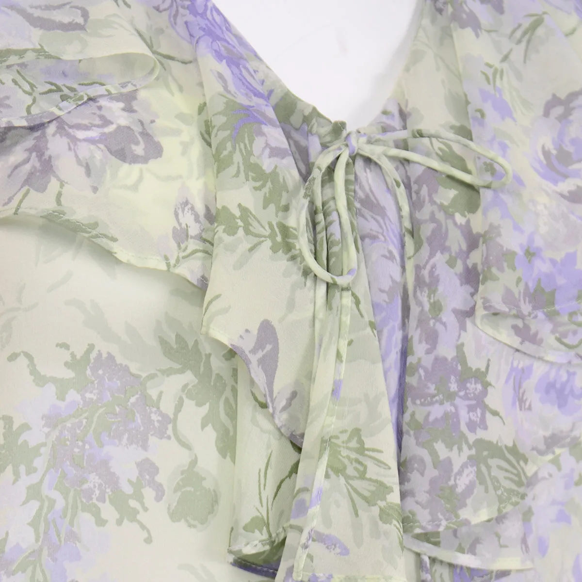 Laura Ashley Vintage Purple & Green Floral Chiffon Ruffled Blouse