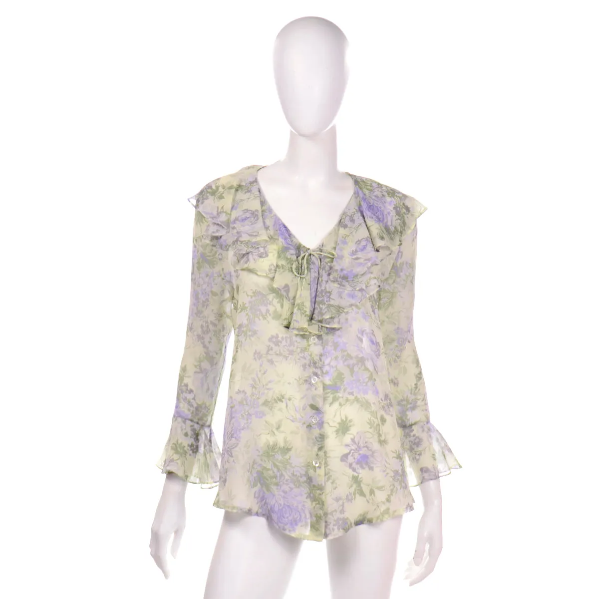 Laura Ashley Vintage Purple & Green Floral Chiffon Ruffled Blouse