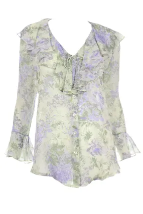 Laura Ashley Vintage Purple & Green Floral Chiffon Ruffled Blouse