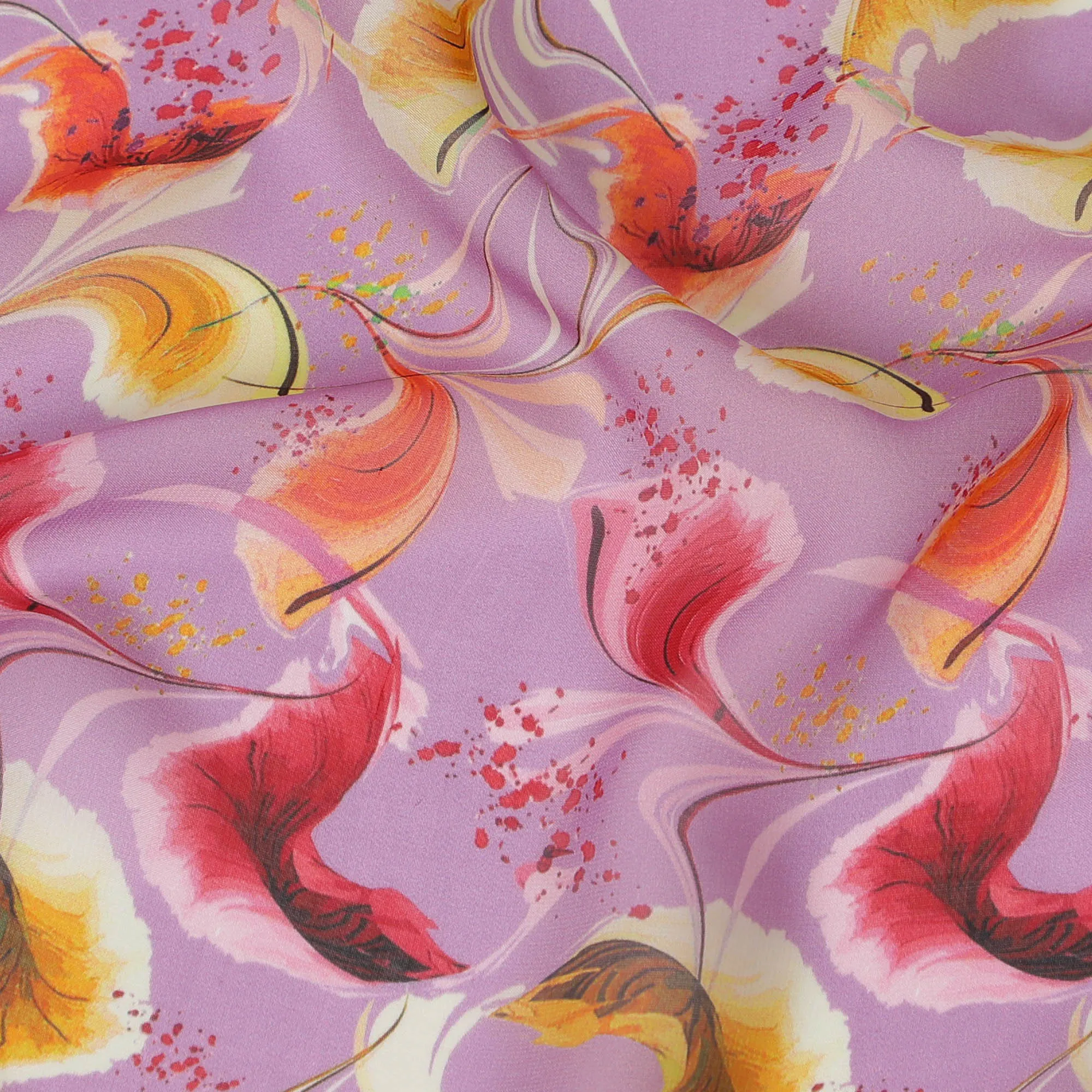 Lavender Synthetic Chiffon Fabric with Elegant Gold and Pink Peacock Feather Print, 140 cm Wide-D19126