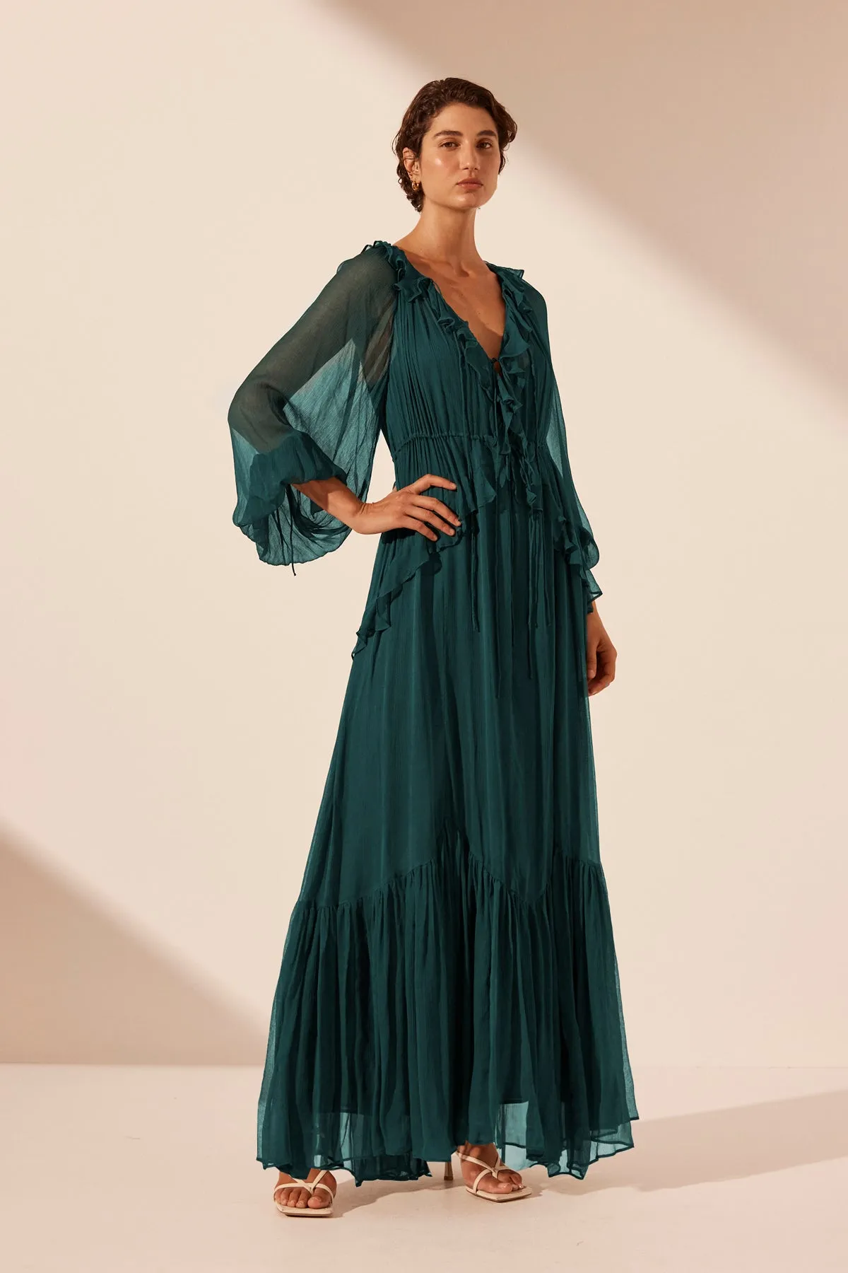 LAYLA DRAWSTRING RUFFLE MAXI DRESS - DARK TEAL