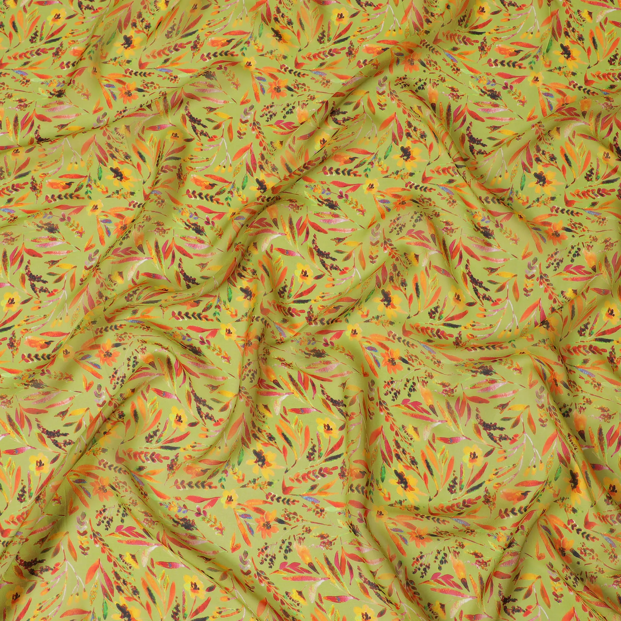 Lemon Yellow Synthetic Chiffon Fabric with Vivid Autumn Leaf Print, 140 cm Wide-D19116