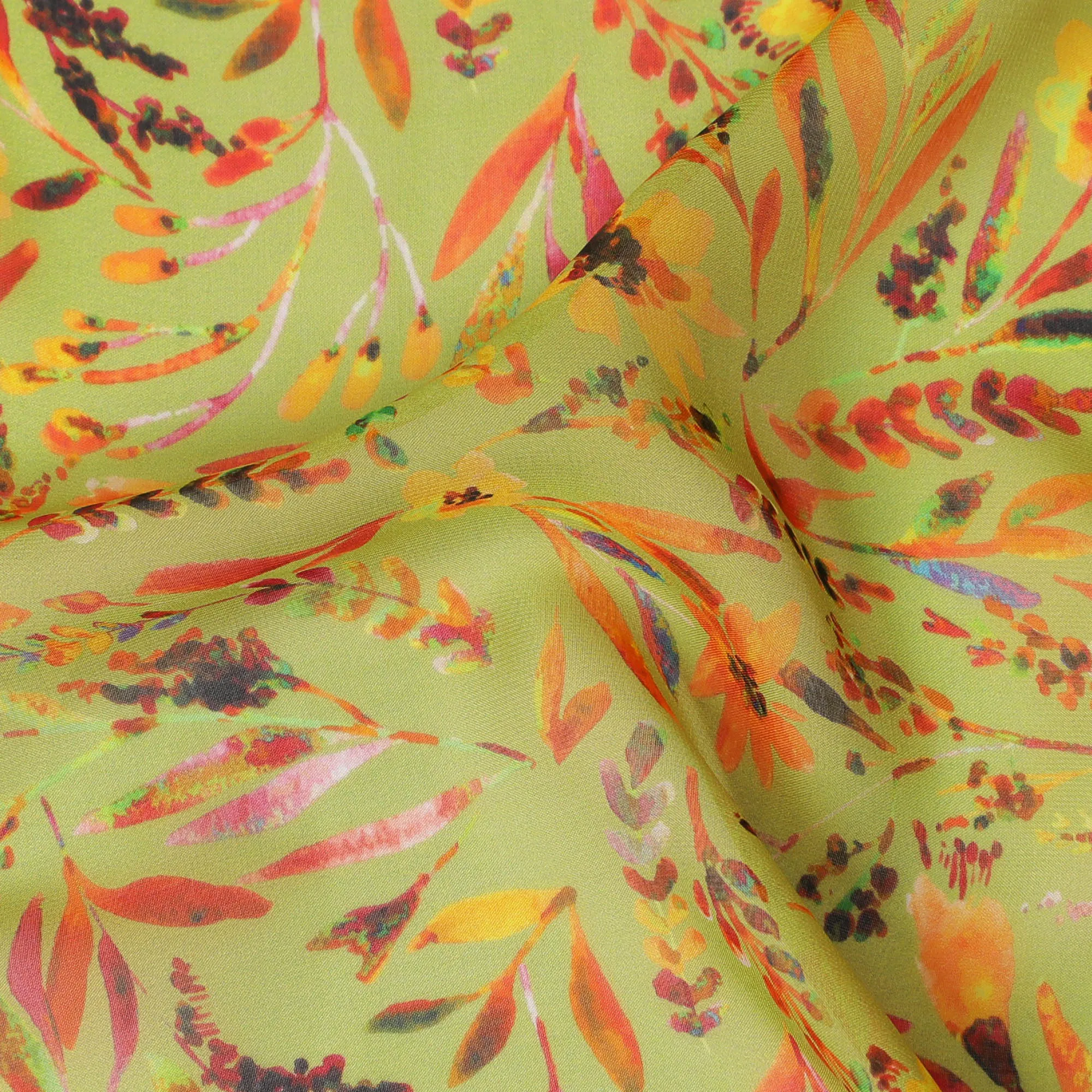 Lemon Yellow Synthetic Chiffon Fabric with Vivid Autumn Leaf Print, 140 cm Wide-D19116